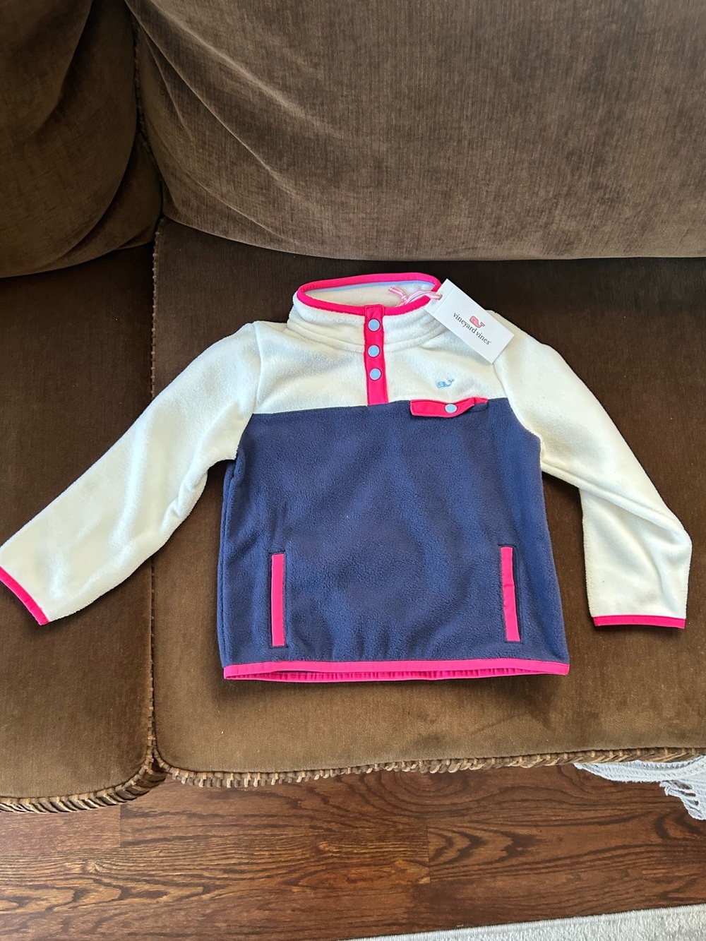Vineyard Vines Girls' Colorblock Fleece Pullover - Navy, White & Pink Trim